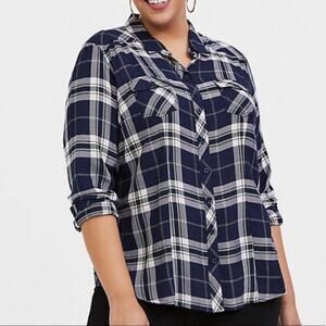 Torrid Taylor Navy Plaid Twill Button Front Slim Fit Shirt 2X